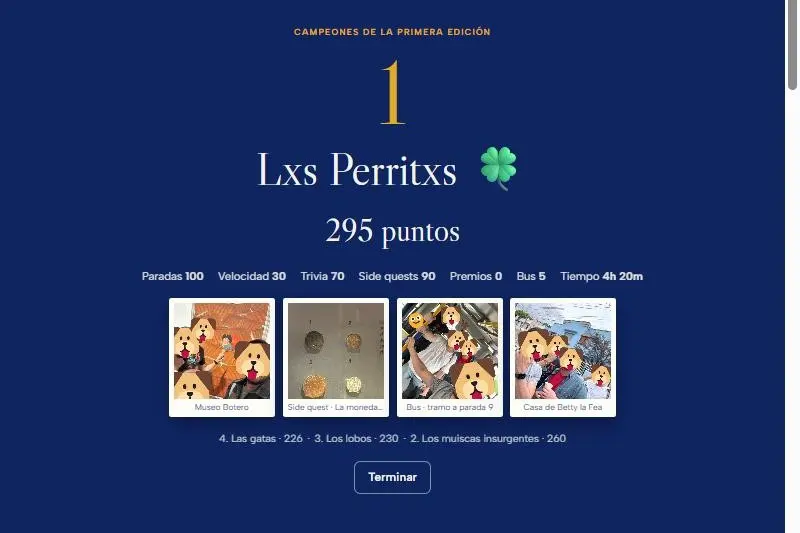 The reveal screen: Lxs perritxs, champions with 295 points, with four of their photos