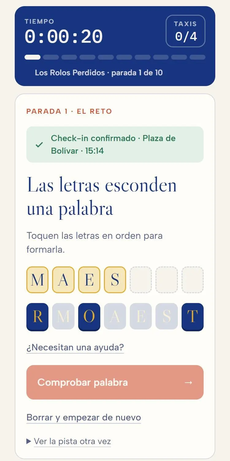 Stop 1 anagram puzzle, tapping letters to spell MAESTRO