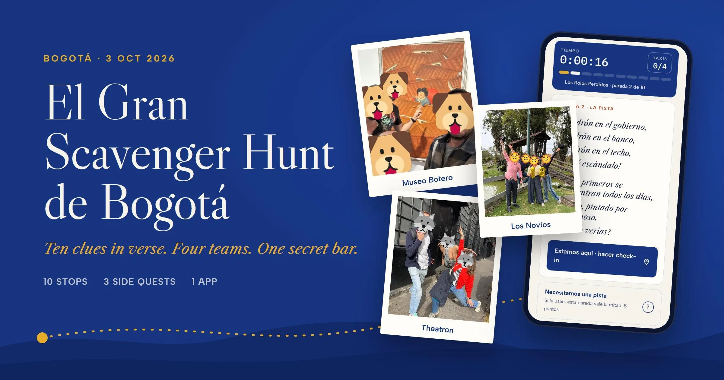 El Gran Scavenger Hunt de Bogotá: polaroids from the day, faces under team emoji, next to the app on a phone