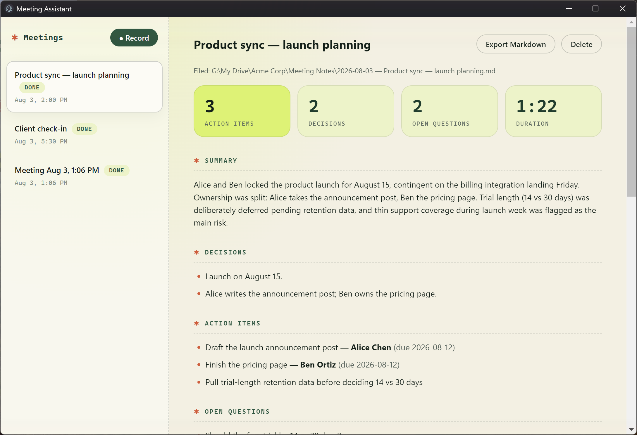 Meeting notes view: stat tiles, summary, decisions, and action items with owners and due dates