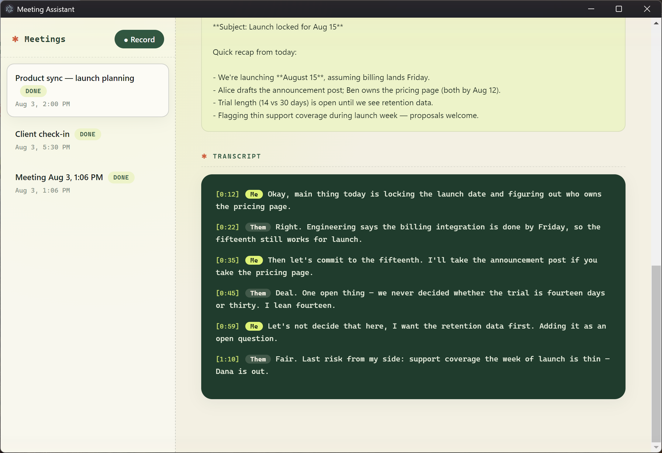 Speaker-attributed transcript with timestamps